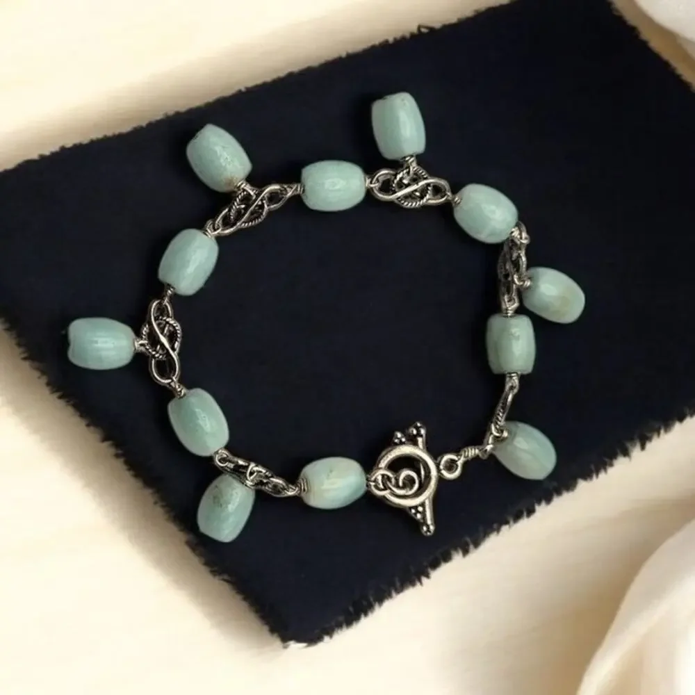 Soft Blue Tones & Silver Accent Vintage Beaded Stone Charm Bracelet – Boho Chic